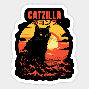 Catzilla Japanese Kanji Retro Mountain Sunset Cat Lover Sticker